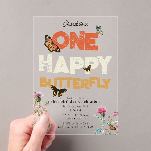 One Happy Butterfly Invite 1st Wildflower Birthday アクリル招待状 (インサイチュ (ポータブル))