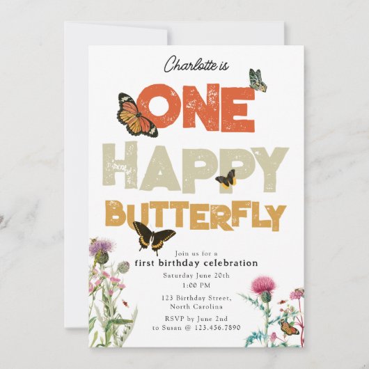 One Happy Butterfly Invite 1st Wildflower Birthday 招待状 (正面)
