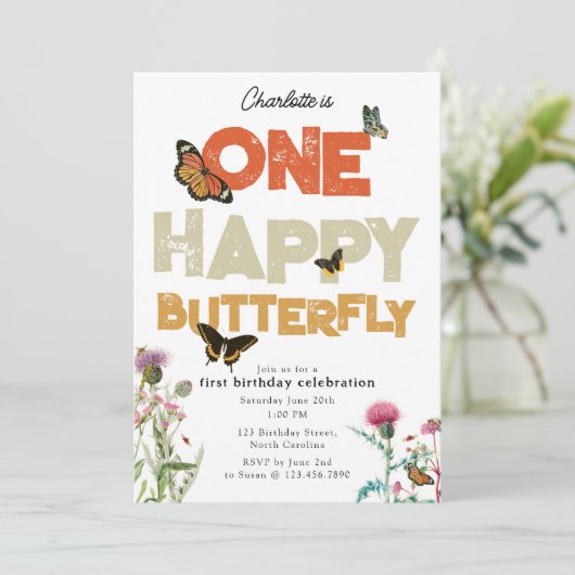 One Happy Butterfly Invite 1st Wildflower Birthday 招待状 (スタンド正面)