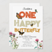 One Happy Butterfly Invite 1st Wildflower Birthday 招待状 (正面/裏面)