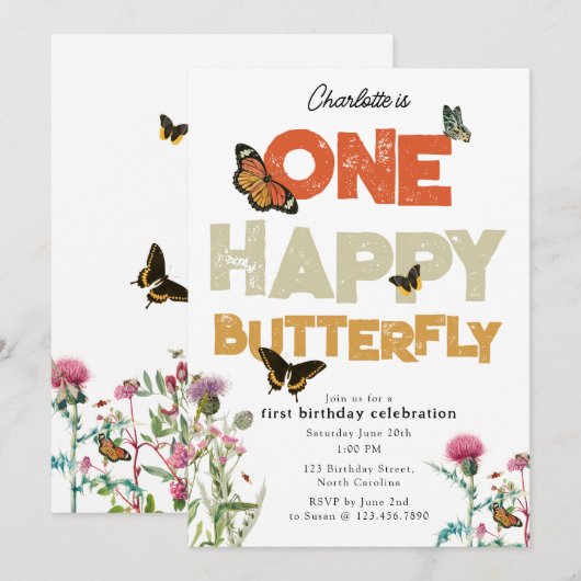 One Happy Butterfly Invite 1st Wildflower Birthday 招待状 (正面/裏面)