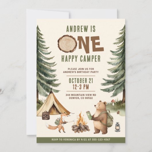 One Happy Camper 1st Birthday Invitation Boy 招待状 (正面)