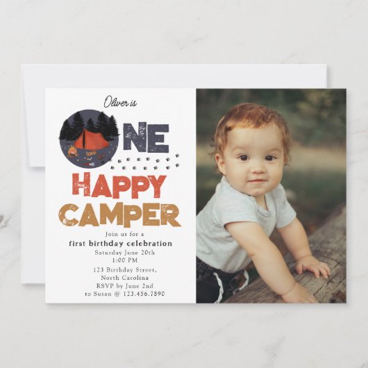One Happy Camper 1st Summer Birthday Photo 招待状 (正面)