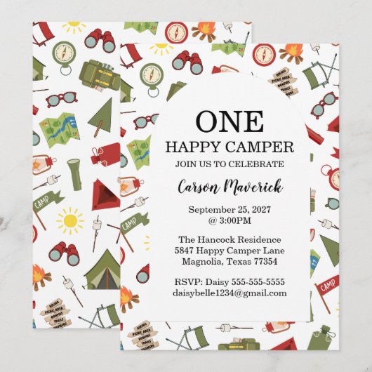One Happy Camper Adventure Birthday 招待状 (正面/裏面)