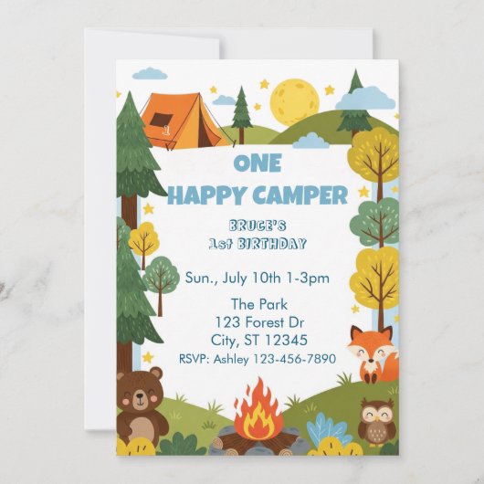 One Happy Camper, Animals 1st Birthday 招待状 (正面)