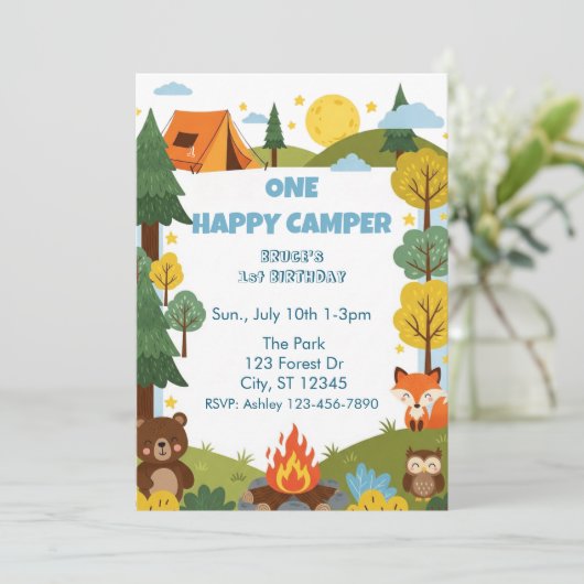 One Happy Camper, Animals 1st Birthday 招待状 (スタンド正面)