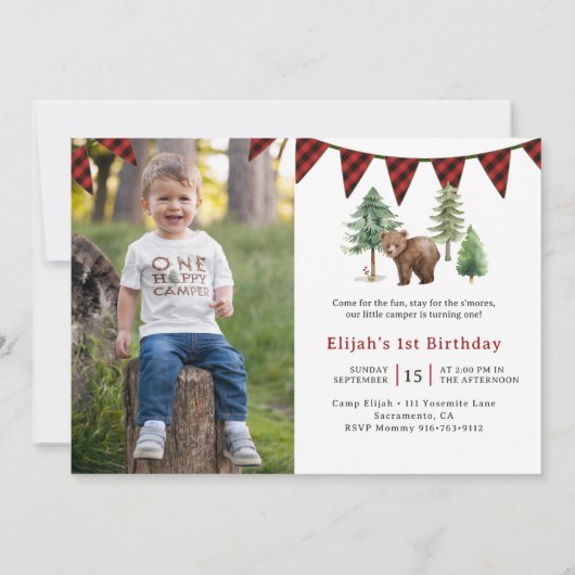 One Happy Camper Bear 1st Birthday Photo 招待状 (裏面)