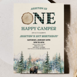 ONE Happy Camper Bear Green 1th Birthdayパーティー 招待状