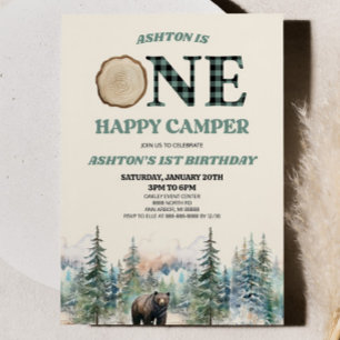 ONE Happy Camper Bear Green 1th Birthdayパーティー 招待状