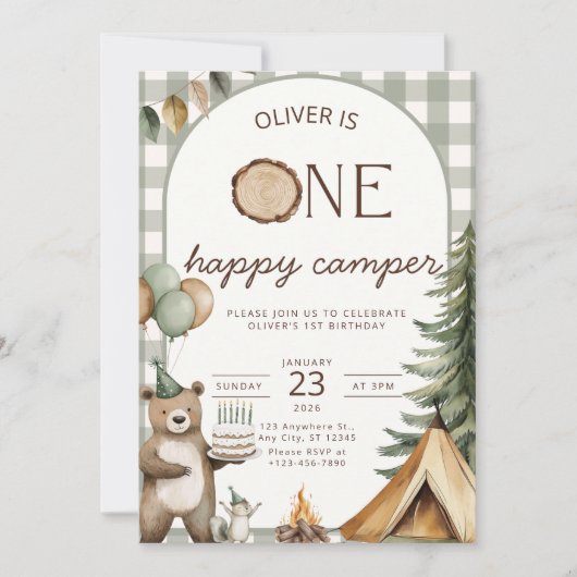 One Happy Camper Birthday Invitation Camping 1st  招待状 (正面)