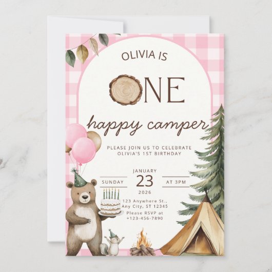 One Happy Camper Birthday Invitation Camping 1st  招待状 (正面)