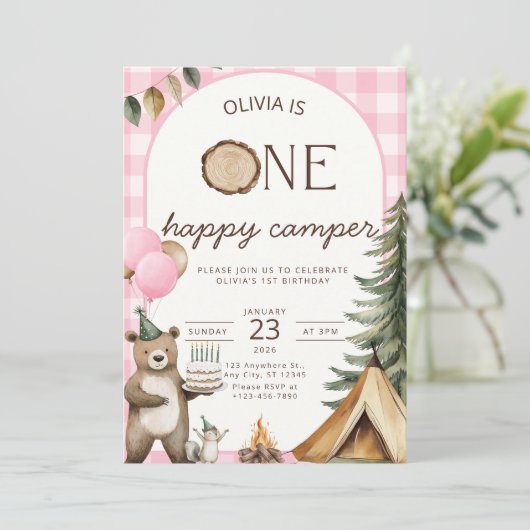 One Happy Camper Birthday Invitation Camping 1st  招待状 (スタンド正面)