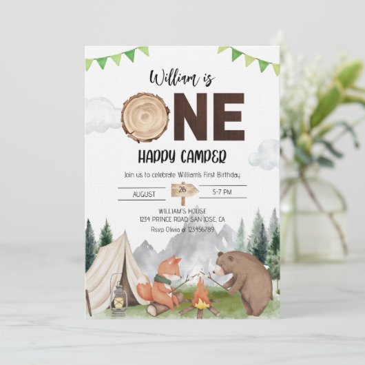 One Happy Camper Boy 1st Birthday Party 招待状 (スタンド正面)