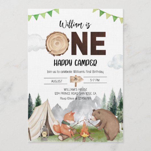 One Happy Camper Boy 1st Birthday Party 招待状 (正面)