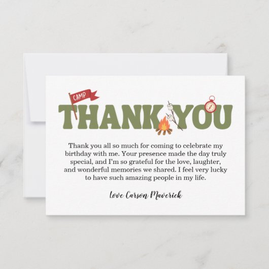 One Happy Camper Boys Birthday Thank You Card (正面)