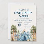 One Happy Camper Camping 1st Birthday  招待状 (正面)