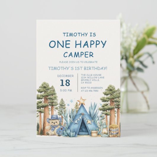 One Happy Camper Camping 1st Birthday  招待状 (スタンド正面)
