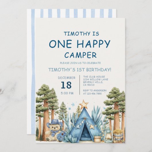 One Happy Camper Camping 1st Birthday  招待状 (正面/裏面)