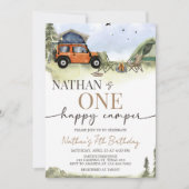 One Happy Camper Camping Boy Birthday 招待状 (正面)