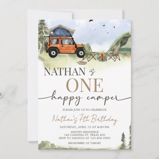 One Happy Camper Camping Boy Birthday 招待状 (正面)