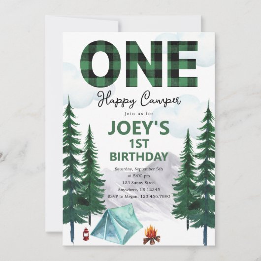 One Happy Camper First Birthday Invitation 招待状 (正面)