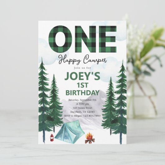 One Happy Camper First Birthday Invitation 招待状 (スタンド正面)