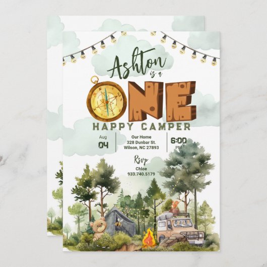 One Happy Camper First Birthday Invitation 招待状 (正面/裏面)