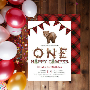 One Happy Camper Forest Boy's 1th BirthdayパーティーI 招待状