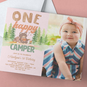 One Happy Camper Girl Photo 1st Birthday 招待状