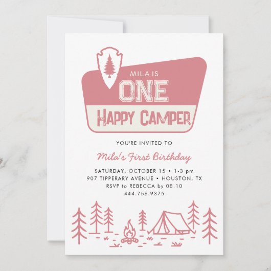 One Happy Camper Girls 1st Camping Forest Birthday 招待状 (正面)