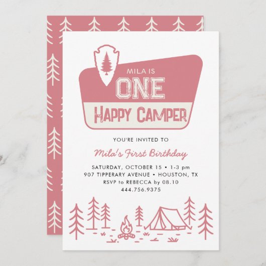 One Happy Camper Girls 1st Camping Forest Birthday 招待状 (正面/裏面)