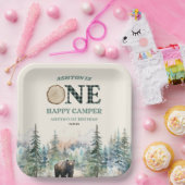 ONE Happy Camper Green Bear 1st誕生日パーティー ペーパープレート (パーティー)