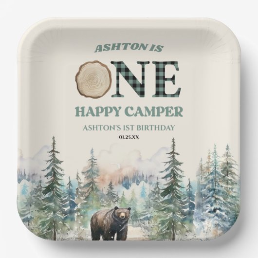 ONE Happy Camper Green Bear 1st誕生日パーティー ペーパープレート (正面)