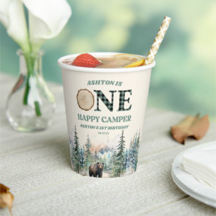 ONE Happy Camper Green Bear 1st誕生日パーティー 紙コップ