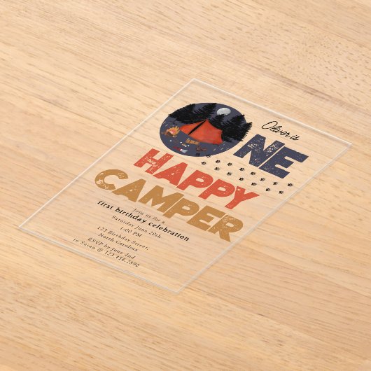 One Happy Camper Invite 1st Summer Birthday アクリル招待状 (レイダウン)
