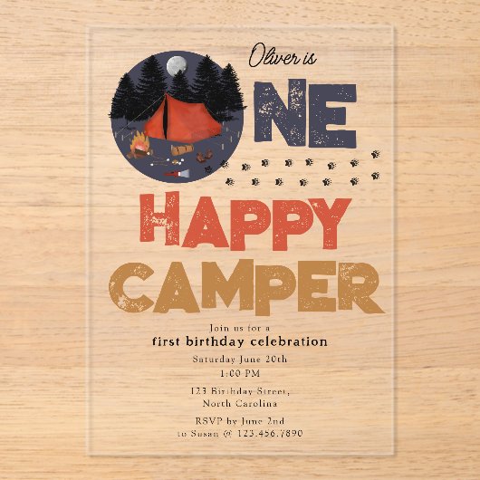 One Happy Camper Invite 1st Summer Birthday アクリル招待状 (正面)