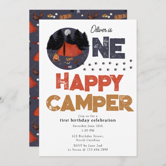 One Happy Camper Invite 1st Summer Birthday 招待状 (正面/裏面)