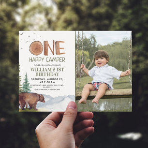 One Happy Camper Photo Bear Boys 1st Birthday 招待状