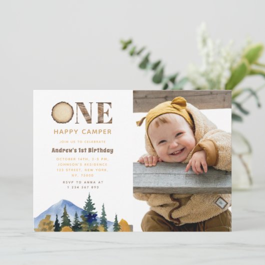One Happy Camper Photo Boy's 1 Birthday Forest 招待状 (スタンド正面)