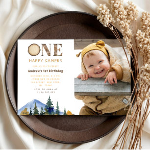 One Happy Camper Photo Boy's 1 Birthday Forest 招待状