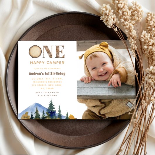 One Happy Camper Photo Boy's 1 Birthday Forest 招待状