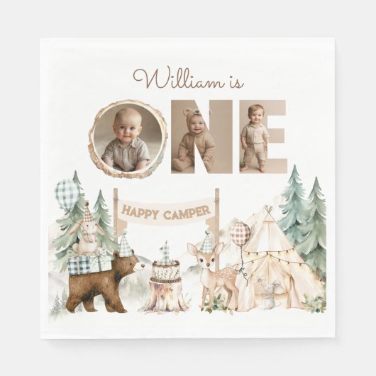 One Happy Camper Photo First Birthday スタンダードランチョンナプキン (正面)
