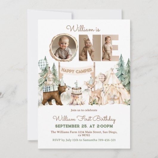 One Happy Camper Photo First Birthday 招待状 (正面)