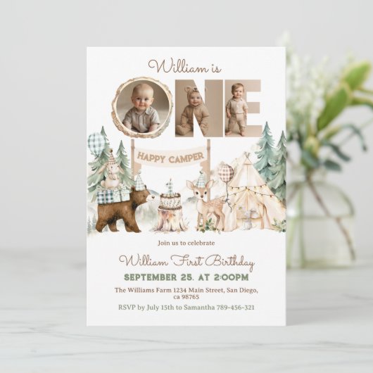 One Happy Camper Photo First Birthday 招待状 (スタンド正面)