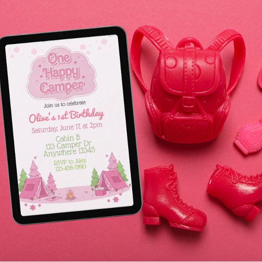 One Happy Camper Pink 1st Birthday 招待状