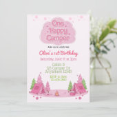 One Happy Camper Pink 1st Birthday 招待状 (スタンド正面)