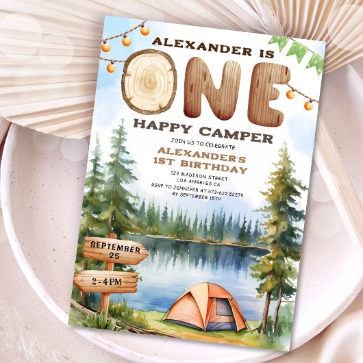 ONE Happy Camper Water Color Boy 1st Birthdayパーティー 招待状