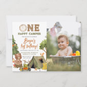One Happy Camper Wood Bear Photo Boys 1st Birthday 招待状 (正面)
