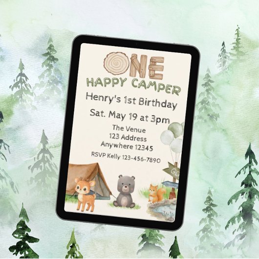 One Happy Camper Wood Watercolor Animal Birthday 招待状