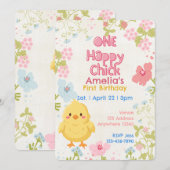 One Happy Chick, Floral 1st Birthday 招待状 (正面/裏面)